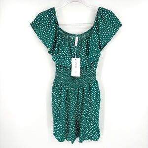 Amisu‎ Polka Dot Romper Size 8 Green White Smocked Waist Ruffle Neckline Spring